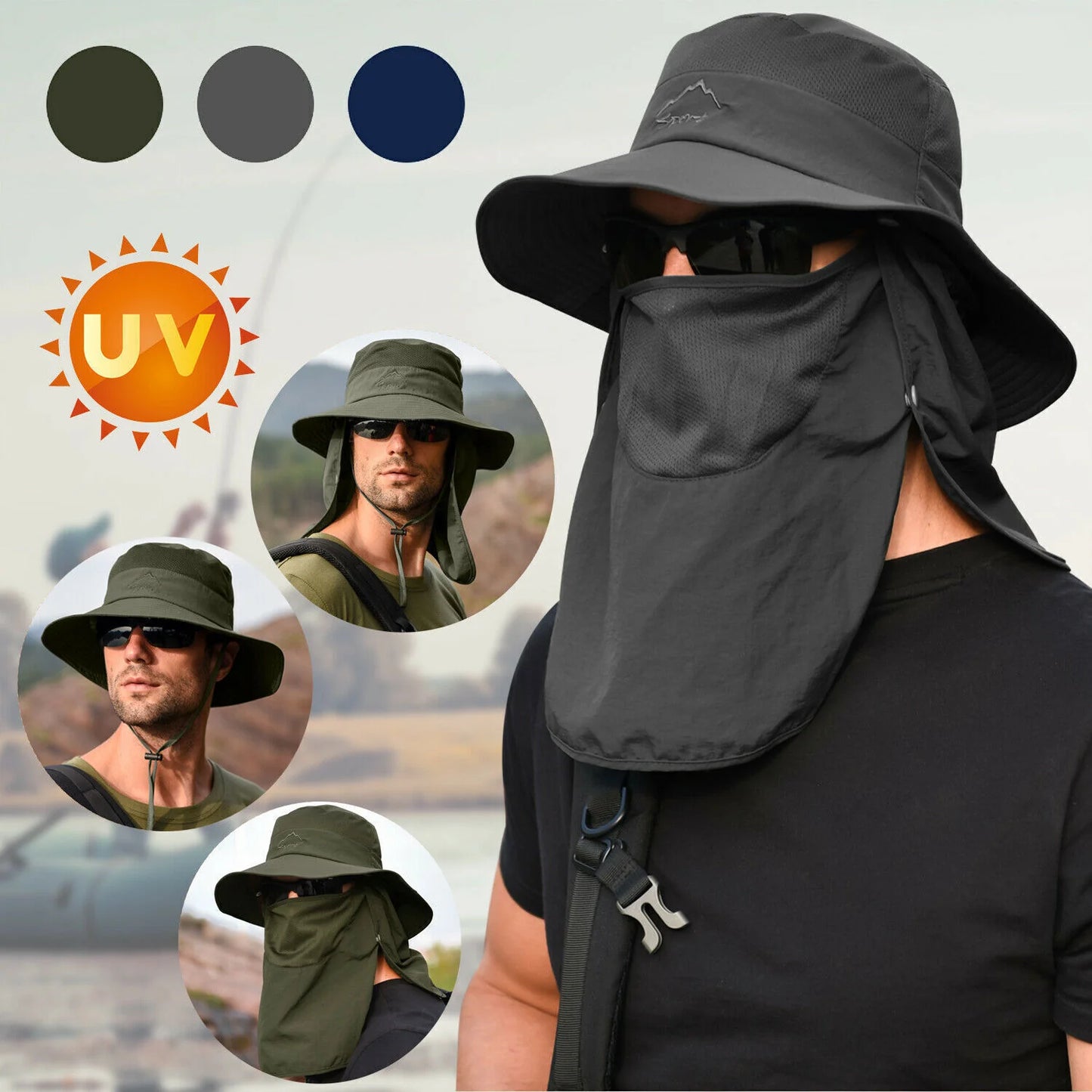 Wide Brim Sun Hat UV Protection Bucket Cap for Hiking Camping Fishing Safari Men