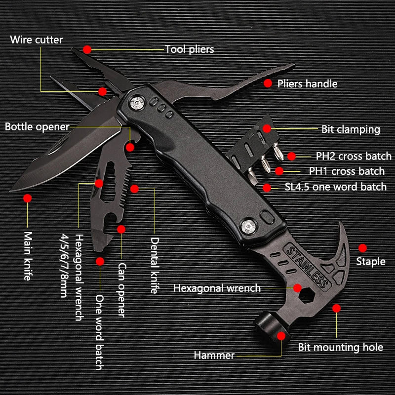 Multifunctional Pliers Multitool Claw Hammer Stainless Steel Tool with Nylon Sheath for Outdoor Survival Camping Hunting Hiking